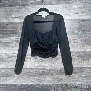 Fitted Black Blouse with Square Neck and Long Sleeves